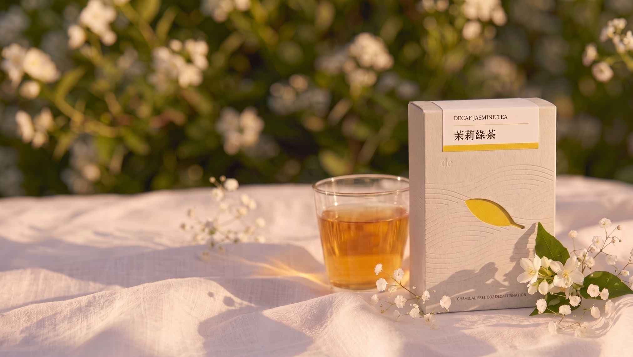 de- Decaf Jasmine Tea box beside a glass of tea on a linen table in a sunlit jasmine garden