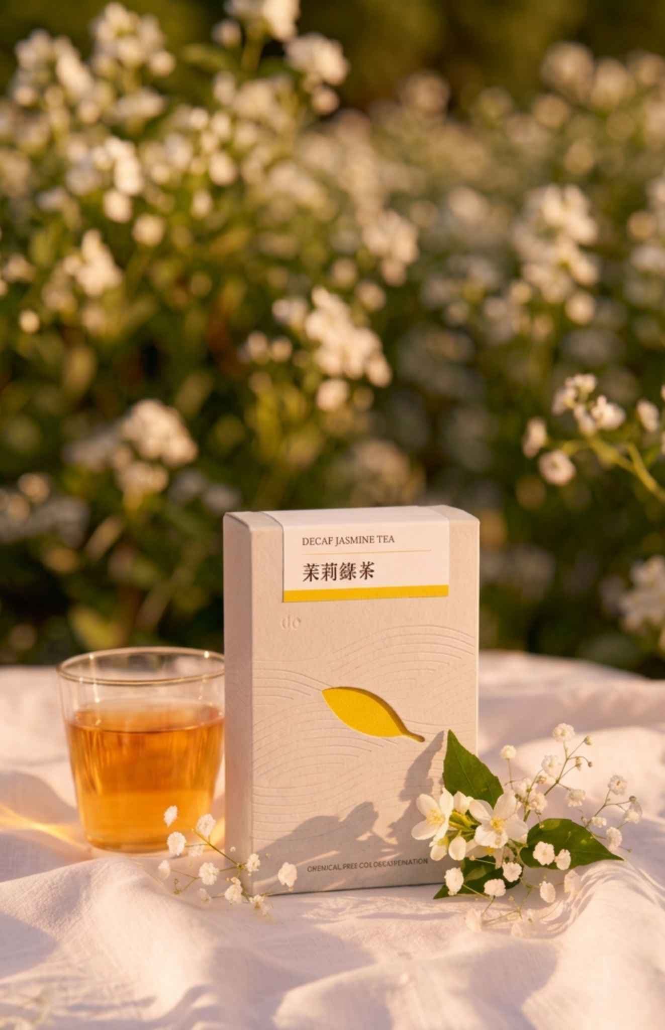 de- Decaf Jasmine Tea box beside a glass of tea on a linen table in a sunlit jasmine garden